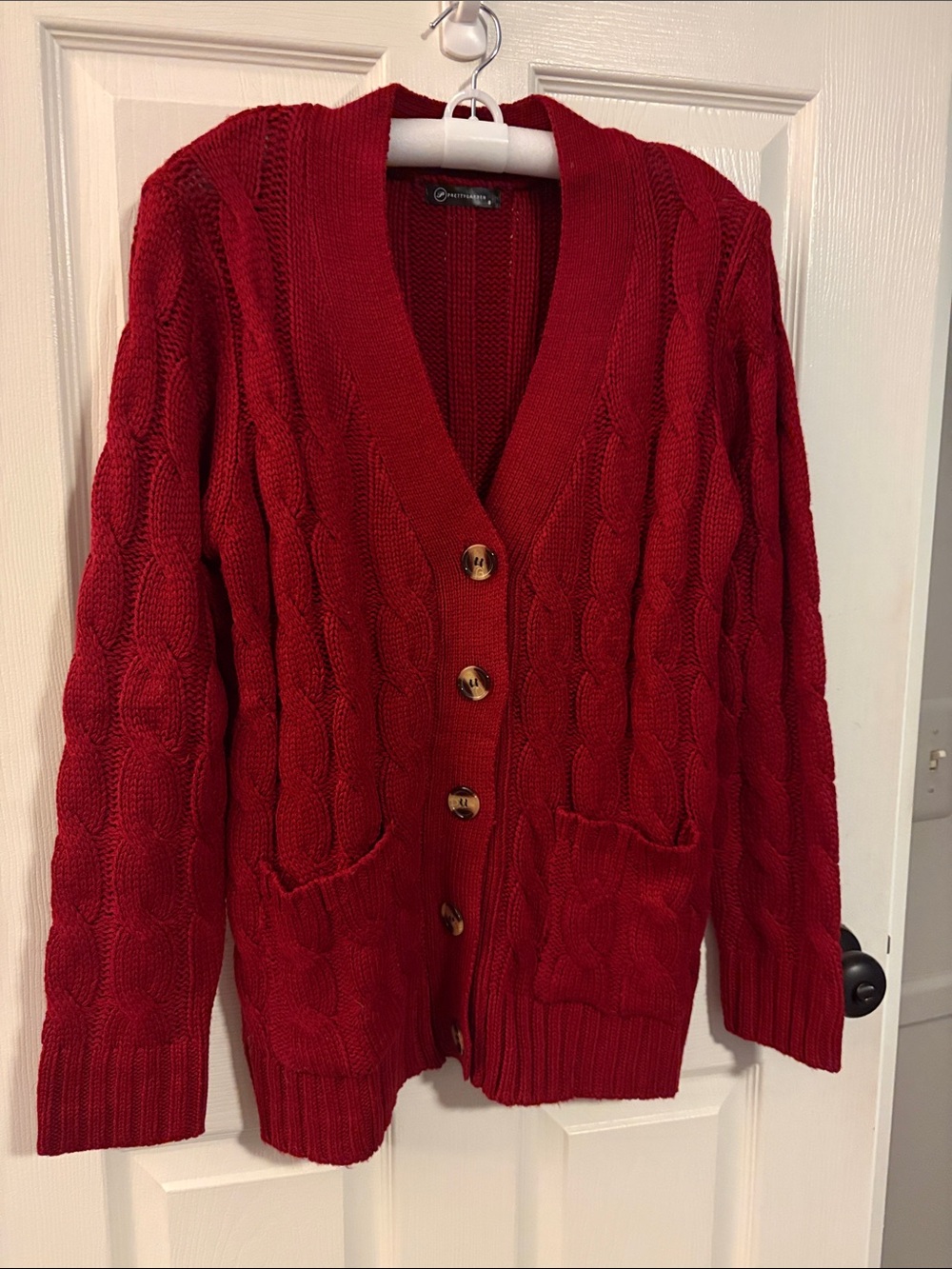 Cozy Red Cable-Knit Button Cardigan with Pockets